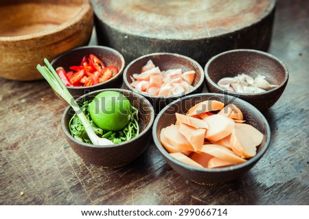 ingredient of raw food in small wood cup