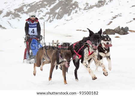 CANDANCHU, SPAIN - JANUARY 22: Marie-Sophie Le Biez drives his dogs in the competition of the Pirena Advance grand prix 2012 at Candanchu sky station. January 22, 2012 in Huesca, Spain.