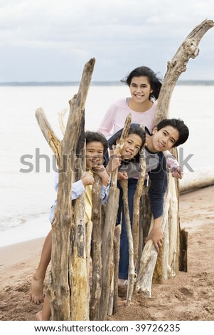 Four siblings by the lake shore in summer, standing against driftwood fencing