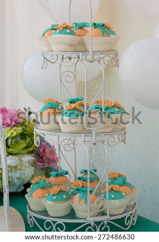 Cute candy bar with various candies and cakes