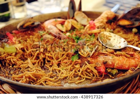 Traditional Fideua from Spain, a typical noodle paella