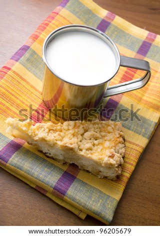 cup of milk and a piece of cake on the table