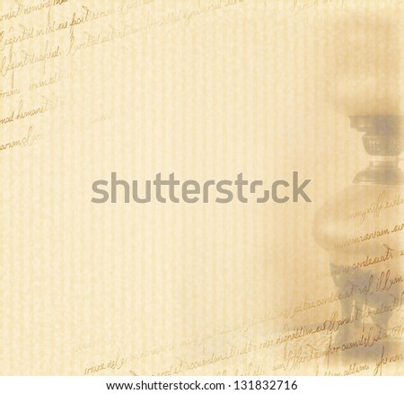 Old vintage oil lamp on a background of used paper with had writing