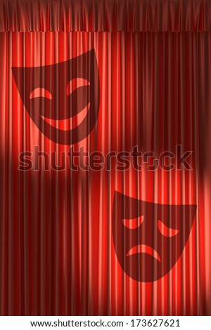 Red theater curtain with shadow of masks with gathers under two round spot lights
