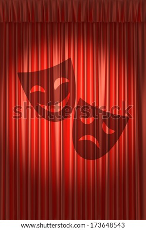 Red theater curtain with shadow of two masks with gathers under round spot light