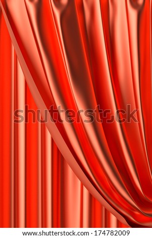 Red theater curtain with gathers under the lights fragment close-up view