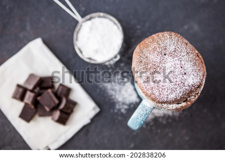 Warm chocolate cake in a mug sprinkled with icing sugar and chocolate chunks