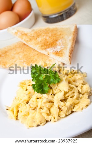 Healthy breakfast of scrambled with fresh toast