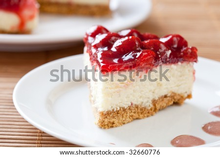 Slice of delicious strawberry cheese cake on a white plate