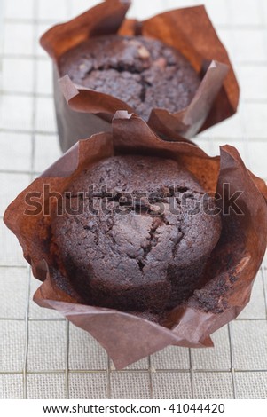 Two chocolate muffins on a cooling tray