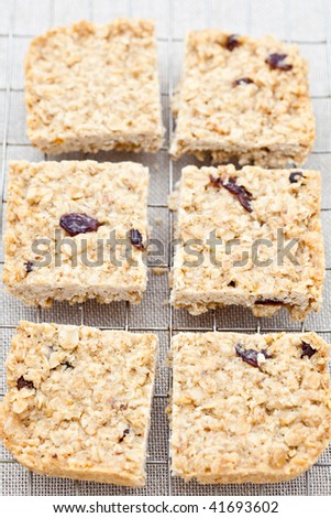 Freshly baked flapjack on a cooling tray
