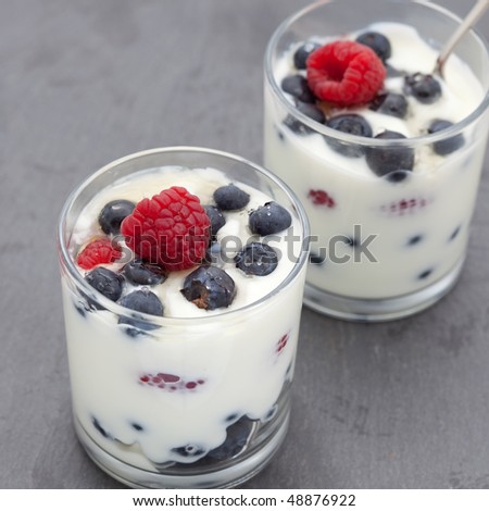 Healthy breakfast of yogurt and blueberries in a glass