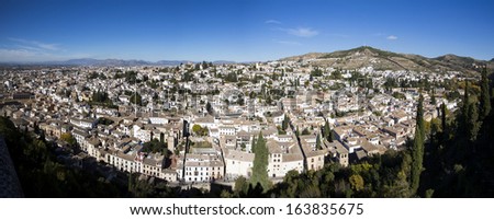 Bird view of the Albaicin in Granada as seen from Alhambra towers, Andalusia, Spain. Panoramic of Granada.