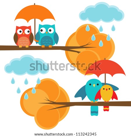 Couples of owls and birds autumn Couples of owls and birds autumn