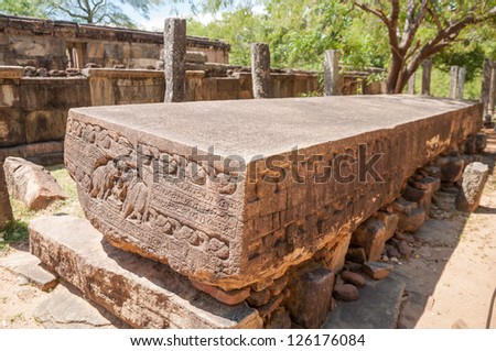Gal Potha or stone book in ancient city of Polonnaruwa, Sri Lanka. This stone inscription is 26 feet 10 inches length and 4 feet 7 inches width and is an eulogy of King NIssanka Malla.