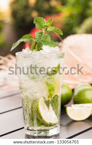 Lime Mojito cocktail after gardening, a Cuban cocktail made with cuban rum, lime, sugar and a splash of soda