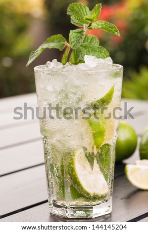 Refreshing Mojito cocktail in the garden close up