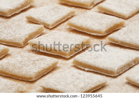 cutting square homemade pasta strewed with flour or pasta background