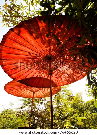 Red traditional bamboo umbrellas with leaf shadow under the sun