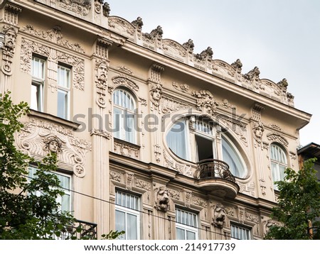 Art Nouveau building in Riga, round window balcony