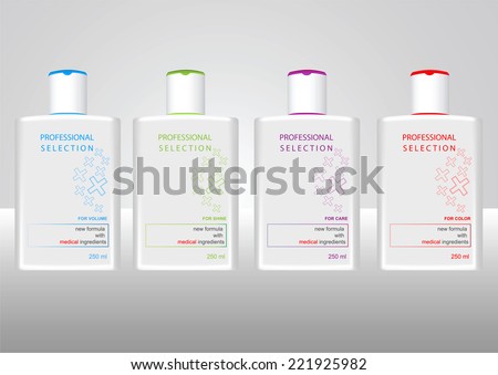 Bottles with sample labels for shower gel or shampoo Bottles with sample labels for shower gel or shampoo