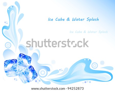 Ice cube and water splash with ornaments on blue background