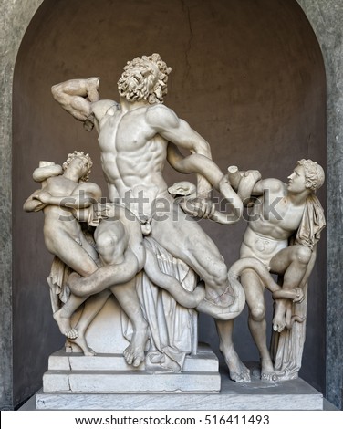 Ancient statue of Laocoon and his Sons in Vatican, Italy. The Trojan Laocoon was strangled by sea snakes with his two sons