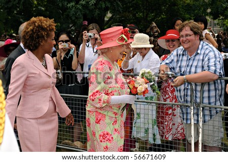 TORONTO-JULY 06: The Queen did a walkabout of the grounds of Queen\'s Park, accompanied by Governor-General MichaÃlle Jean in Toronto, July 06, 2010
