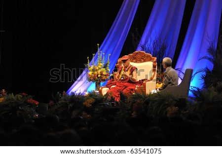 TORONTO-OCTOBER 22: The 75-year-old Dalai Lama give a public talk to some 30,000 people at Rogers Centre Stadium on Oct. 22, 2010 in Toronto