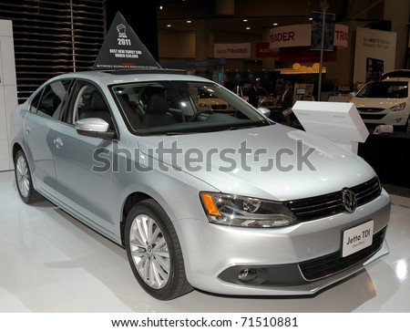 TORONTO - FEBRUARY 17: Volkswagen Jetta TDI, AJAC best family car showcased at the 2011 Canadian International Auto Show on February 17, 2011 in Toronto