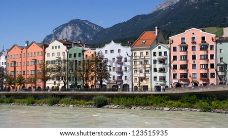 Colorful houses on Mariahilfstrasse, on the west side of the Inn River, Innsbruck, Austria.
