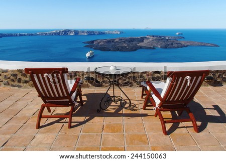 Sea view from a terrace of Fira, Santorini, Aegean Islands, Greece.
