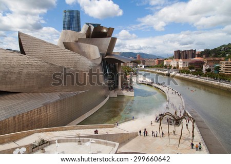 BILBAO, SPAIN - AUGUST 13: Guggenheim Bilbao museum on August 13, 2014 in Bilbao, Spain. Desgined by Frank Gehry, was completed in 1997.