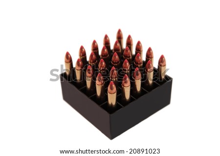 ammunition all organized in a box on a white background