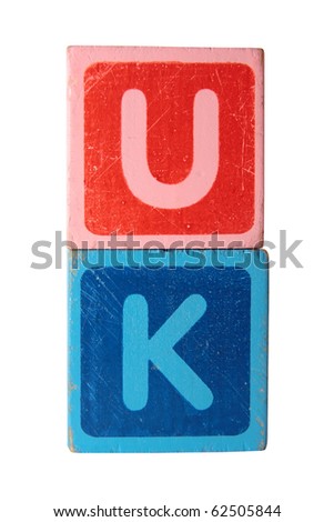 toy letters that spell uk against a white background with clipping path
