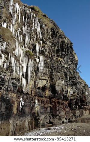 icicles on a cliff face melting in ballybunion ireland on a winters day