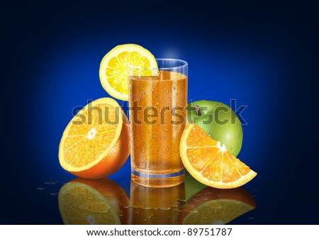 Orange juice Digital painting of orange juice with some fruits with blue background