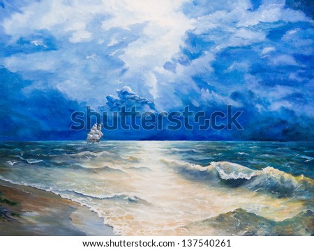 Oil painting on canvas Drawing of boat is under sail Oil painting on canvas Drawing of boat is under sail
