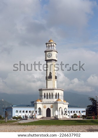 BATUMI, ADJARA, GEORGIA - AUGUST 14, 2013: Tower of Chacha  in Batumi. The tower is surrounded by 4 fountain pools.
