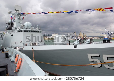 NOVOROSSIYSK, RUSSIA, MAY 9, 2015.Missile frigates naval forces of the Republic of China