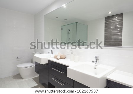 Modern Twin Bathroom With Sinks, Toilet And Shower. Stock Photo ...
