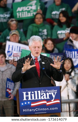 MADISON, WI-FEB. 14:President Bill Clinton speaks to supporters during a speech in support of Hillary Clinton\'s Democratic presidential primary nomination on February 14, 2008 in Madison, WI.