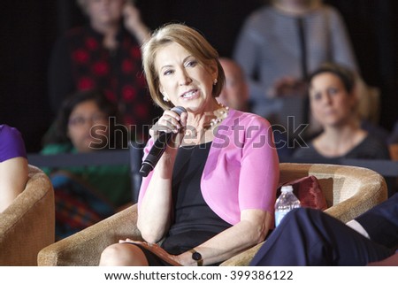 MADISON, WI/USA - March 30, 2016: Former Republican presidential candidate Carly Fiorina speaks to a group of supporters during a rally for presidential candidate Ted Cruz in Madison, Wisconsin.