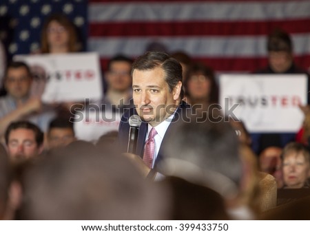 MADISON, WI/USA - March 30, 2016: Republican presidential candidate Ted Cruz speaks to a group of supporters during a rally before the Wisconsin presidential primary in Madison, Wisconsin.