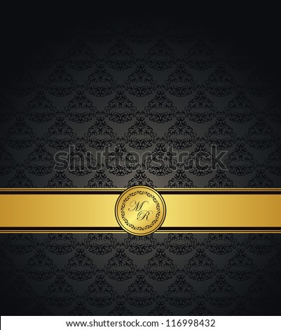 Vintage Seamless Damask Wallpaper With A Gold Ribbon. Can Be Used As Greeting Card Or Invitation
