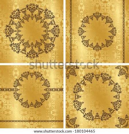 Set of vintage backgrounds with frames and borders. Seamless background in gold. Raster version