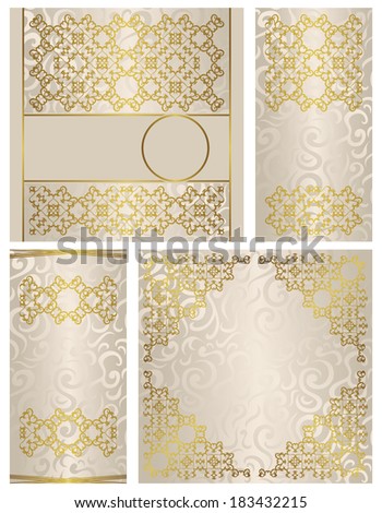 Set of cards with a gold decoration. Seamless background in pastel colors. Wedding invitations. Raster version of illustration