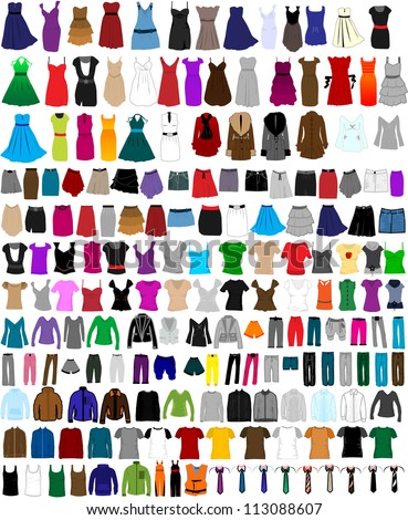 Large set of clothes for men and women - stock vector
