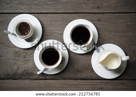 Coffee set on wooden background,top view