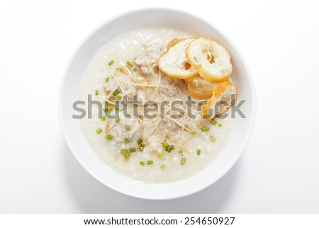 Pork congee with slice deep fried dough stick,top view